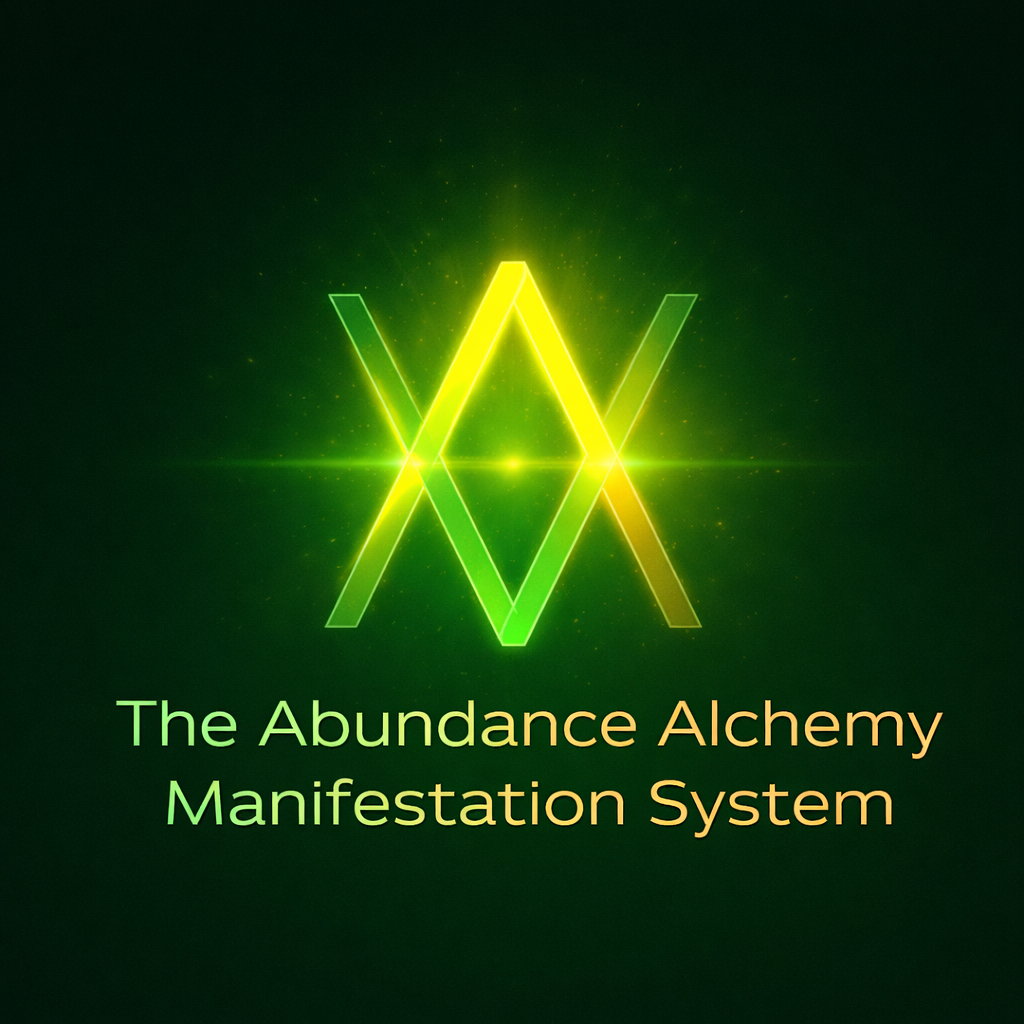 Logo and text for 'The Abundance Alchemy Manifestation System' on a dark background