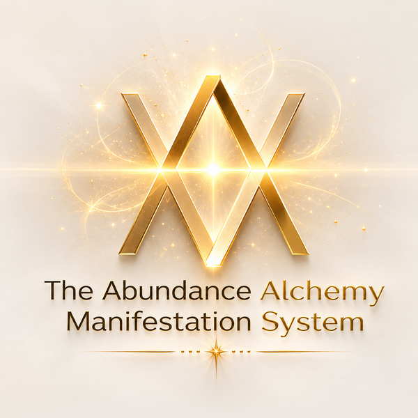 Gold logo with 'The Abundance Alchemy Manifestation System' text on a light background